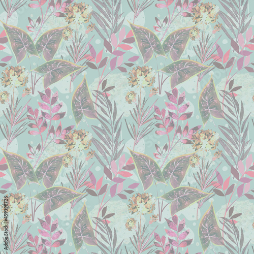 Seamless retro floral pattern.Pink gray flowers and leaves on a muted turquoise background.