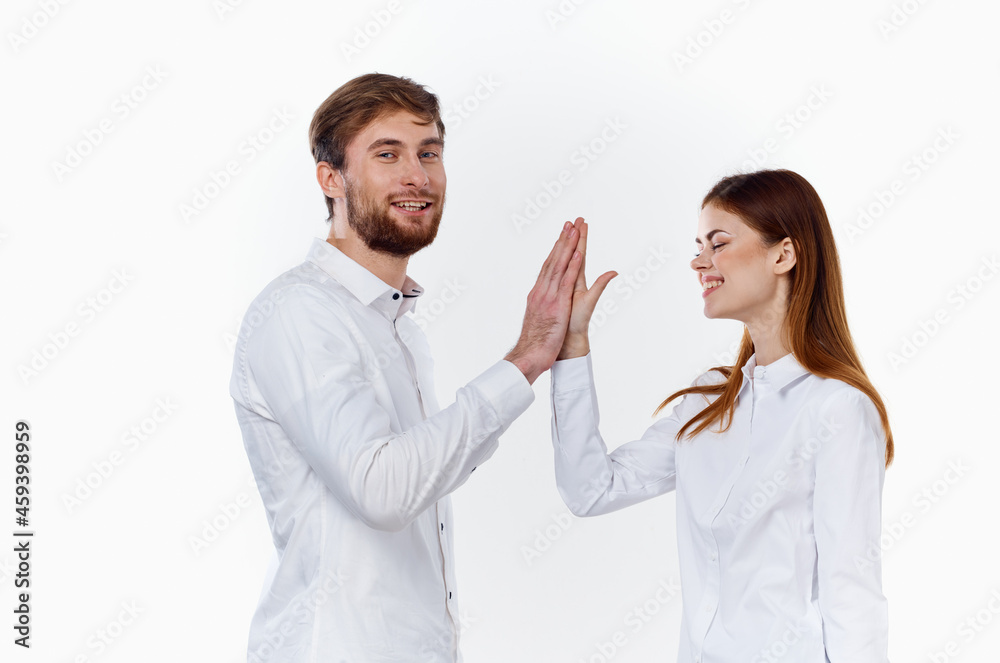 man and woman work colleagues communication fashion man and woman work colleagues communication fashion