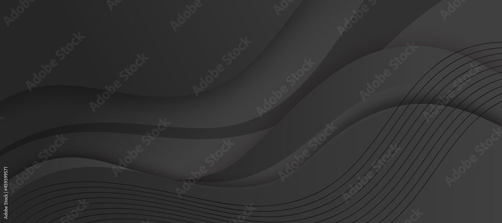 Abstract liquid black background with dynamic waves effect texture design 3D modern wave curve futuristic graphic poster, banner.  Vector luxury paper cut presentation black background with waves. - obrazy, fototapety, plakaty 