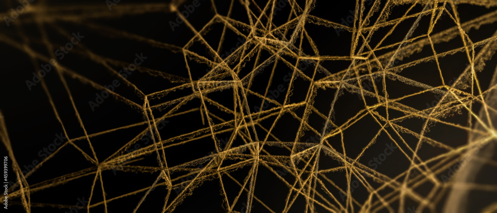 Abstract geometric background volumetric golden lines with particles.