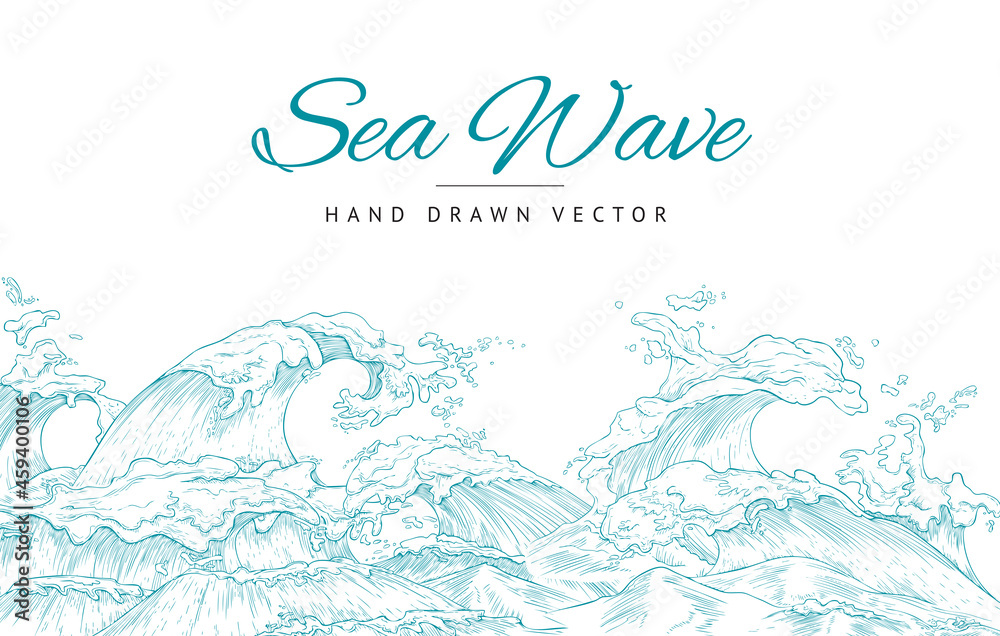 Banner or poster with sea wave in Japanese style, flat vector illustration.