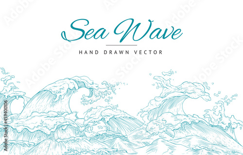 Banner or poster with sea wave in Japanese style, flat vector illustration.