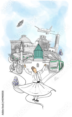 Fényképezés Konya landmarks, whirling dervishes and historical places drawing