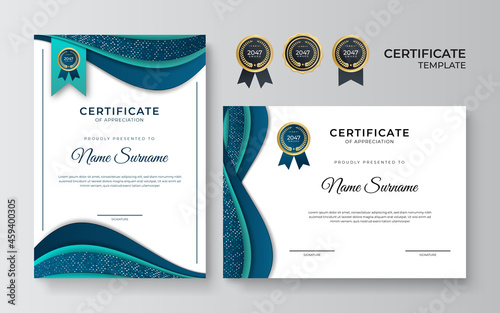 Certificate of appreciation template, green and blue color. Clean modern certificate with gold badge. Certificate border template with luxury and modern line pattern. Diploma vector template