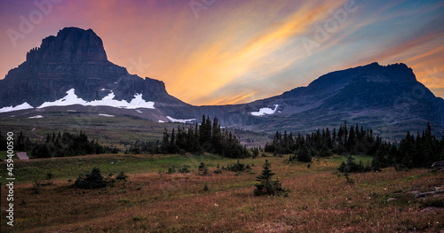 Mountain Sunset with Wildflowers at Hidden Lake Trail, Logan Pass, Glacier National Park, Montana photo