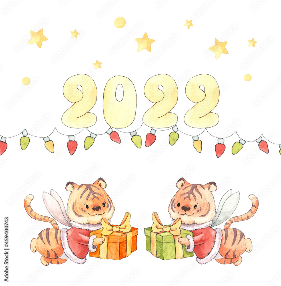 Cartoon character - a tiger in a carnival costume with New Year's gift. The symbol of the new year according to the eastern calendar. Tiger with gift watercolor illustration
