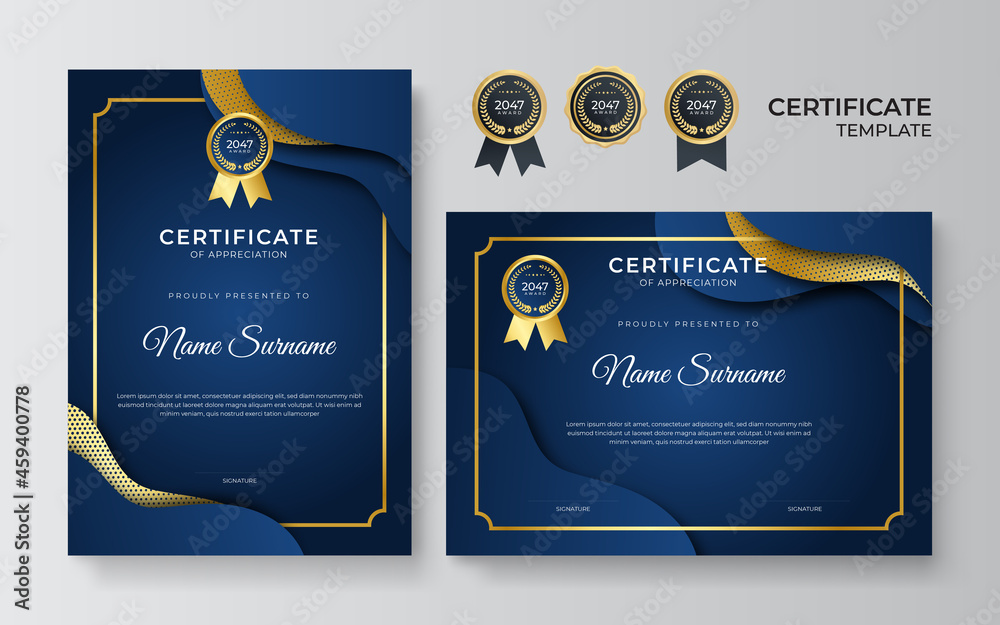 Modern elegant blue and gold certificate of achievement border template ...