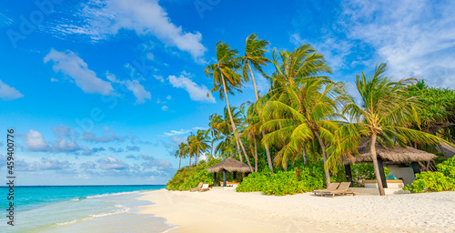 Fototapeta Naklejka Na Ścianę i Meble -  Maldives island beach. Tropical landscape of summer scenery, white sand with palm trees. Luxury travel vacation destination. Exotic beach landscape. Amazing nature, relax, freedom nature template
