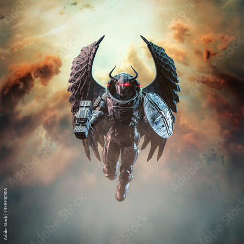 Futuristic viking wings - 3D illustration of science fiction winged robot knight with horned helmet rising through heavenly clouds
