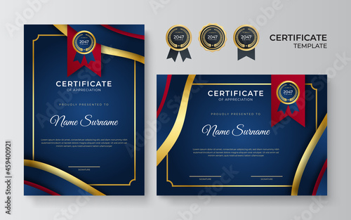Modern elegant blue and red certificate of achievement border template with luxury badge and modern line pattern. For diploma award, business, and education needs