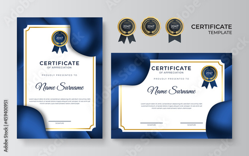 Modern elegant blue and gold certificate of achievement border template with luxury badge and modern line pattern. For diploma award, business, and education needs