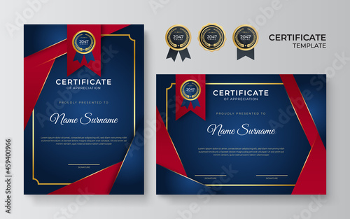 Modern elegant blue and red certificate of achievement border template with luxury badge and modern line pattern. For diploma award, business, and education needs
