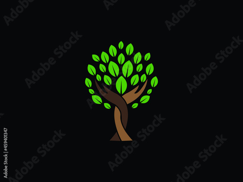 Human hands and tree with green leaves. Logo, symbol, icon, illustration, vector, template, design.eps photo