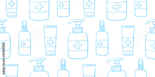 Seamless pattern with hand sanitizer. Personal hygiene products. Antiseptic dispensers disinfects, protects coronavirus bacteria. Vector outline background and texture in flat doodle style isolated