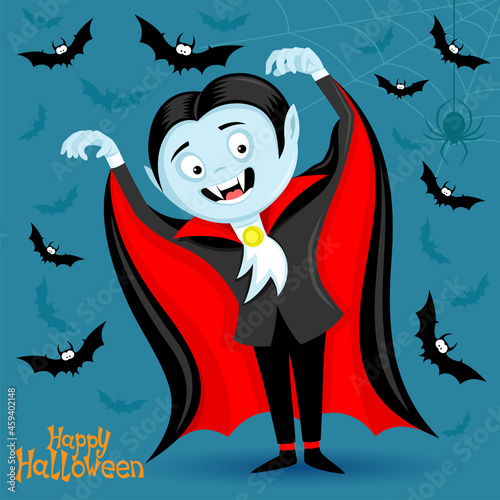 Illustration for halloween celebration with vampire and bats on blue background.