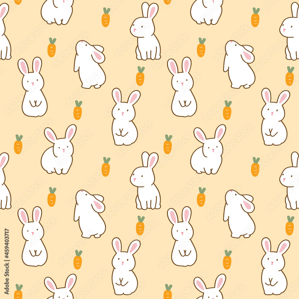 Seamless Pattern of Cartoon White Rabbit and Carrot Design on Yellow Background