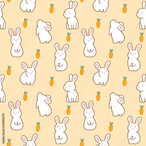 Seamless Pattern of Cartoon White Rabbit and Carrot Design on Yellow Background