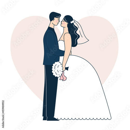 Beautiful wedding couple. Bride and groom. Doodle vector illustration