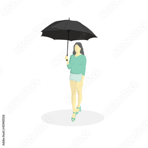 umbrella girl illustration, women with black umbrella on white background 