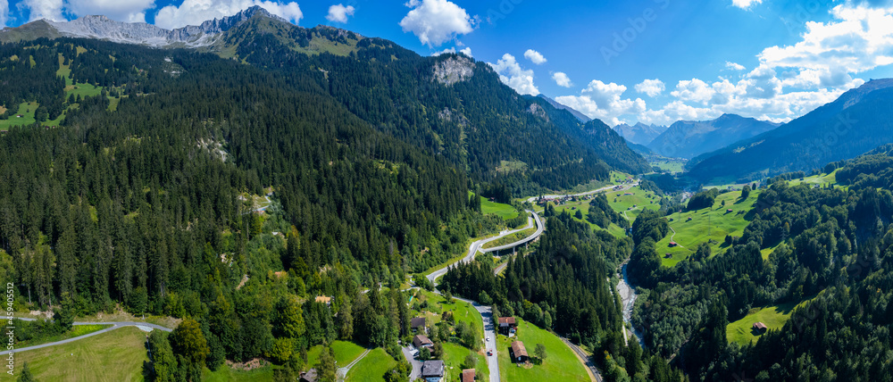 Aerial view around the city Madrisa in Switzerland on a sunny day in summer.