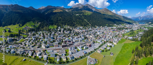 Aerial view around the city Davos in Switzerland on a sunny day in summer. photo