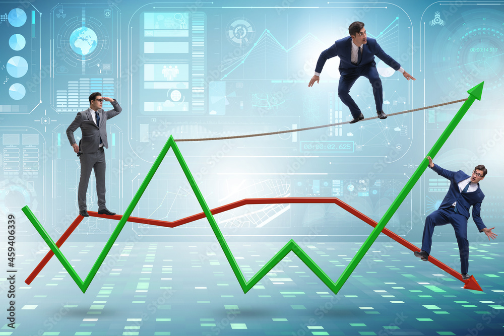 Businessman balancing on tightrope on line chart Businessman balancing on tightrope on line chart