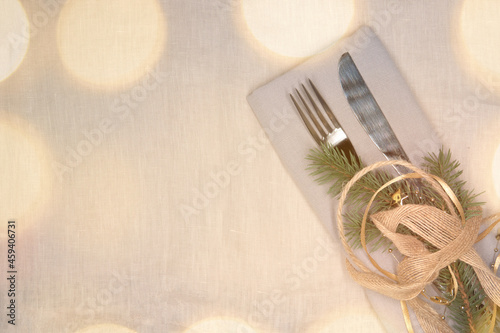 Christmas decor with ribbon fork spoon and Christmas decorations