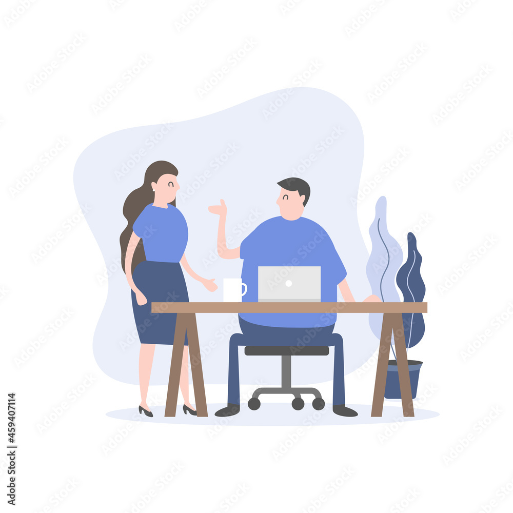 Man and woman company staff talk at the desk. Office worker cartoon character.