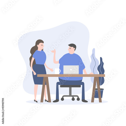 Man and woman company staff talk at the desk. Office worker cartoon character.