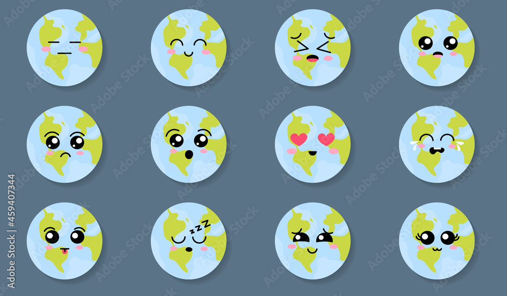 Set of cute kawaii earth planet with different faces stickers or emojii ...