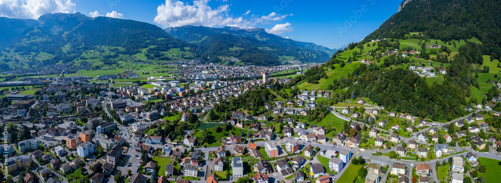 Aerial view around the city Sargans in Switzerland on a sunny morning day in summer.