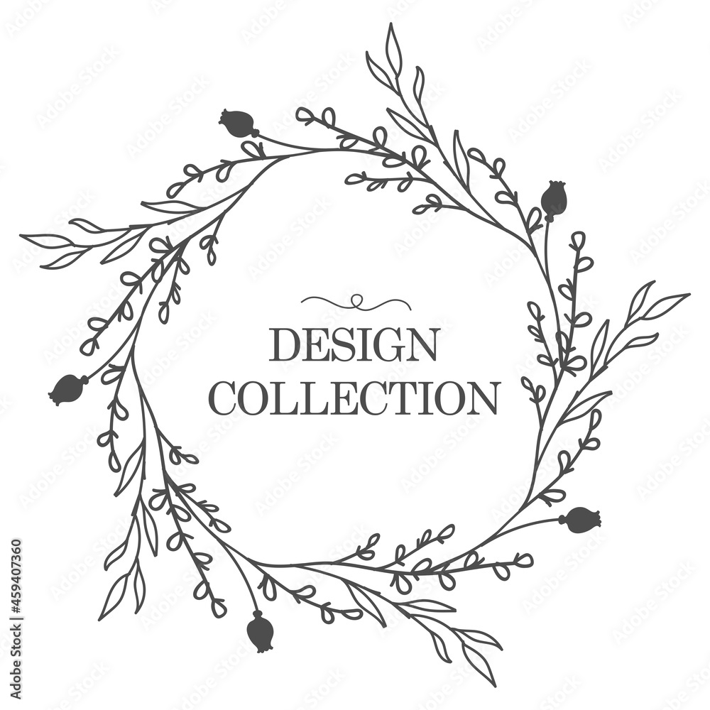 Flower wreath with leaves and branches. Round frame isolated on a white background. For wedding invitations, postcards, posters, labels of cosmetics and perfumes. 