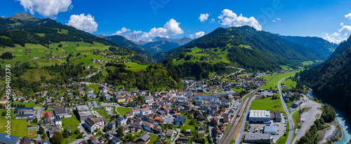 Aerial view around the city Schiers in Switzerland on a sunny morning day in summer.