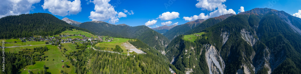 Aerial view around the village Wiesen in Switzerland on a sunny day in summer.