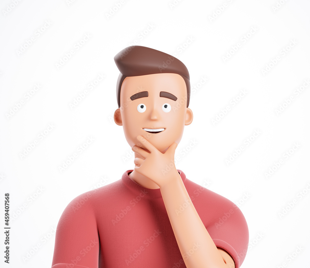 Happy cartoon man smiling and touch chin, dreaming planning think about success isolated over white background. Happy cartoon man smiling and touch chin, dreaming planning think about success isolated over white background.