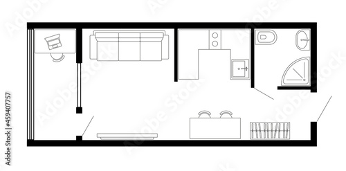 Apartment floor plan. Vector architecture micro studio plan of condominium, flat, house. Interior design elements kitchen, bedroom, bathroom furniture. 2D micro studio apartment floorplan.