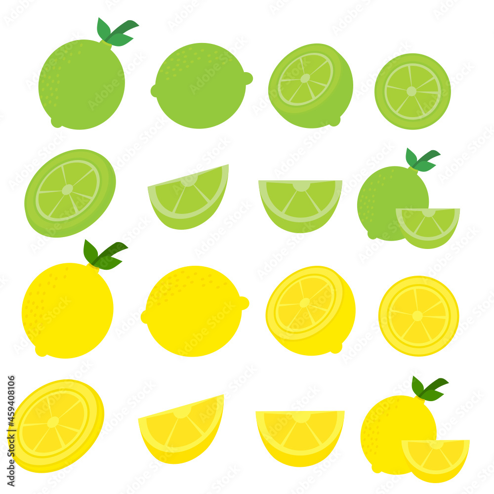 Set of green and yellow citrus fruits.Lime fruits with slices.Collection of lemons and leaves.a whole, half and a piece.Sign, symbol, icon or logo isolated.Cartoon vector illustration.Flat design.