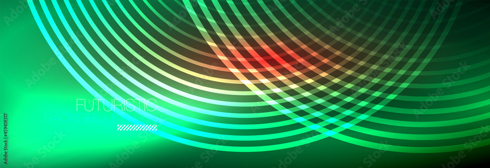 Fototapeta premium Dark abstract background with glowing neon circles. Trendy layout template for business or technology presentation, internet poster or web brochure cover, wallpaper