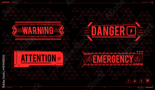 Conceptual Layout with HUD elements for print and web. Lettering with futuristic user interface elements. HUD danger zone. warning and alert attention signs.