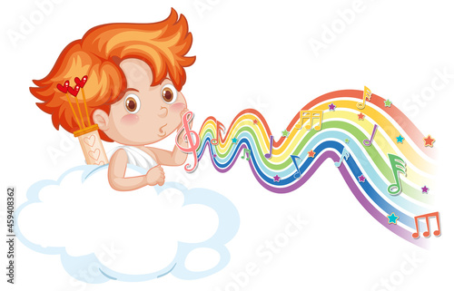 Cupid boy on the cloud with melody symbols on rainbow wave