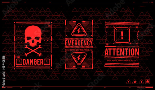 Caution futuristic ski-fi UI design elements in modern technology style. Warning and alert attention signs. Conceptual Layout with HUD elements. Lettering with futuristic user interface elements.