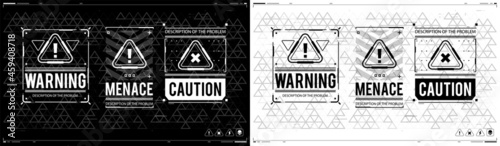 Caution futuristic ski-fi UI design elements in modern technology style. Warning and alert attention signs. Lettering with futuristic user interface elements. Conceptual Layout with HUD elements.