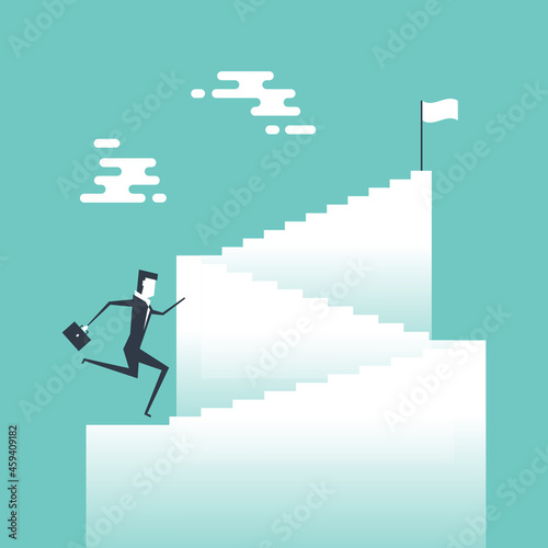 Businessman running up lots of stairs to reach the goal.