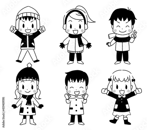 冬の可愛い子供たちのイラスト　白黒