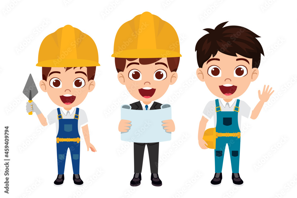 Happy cute kid boy construction worker engineer standing with file