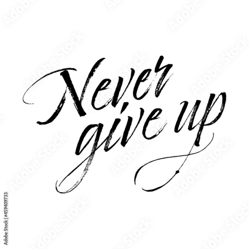 Never give up calligraphy. Brush painted hand lettering. Never give up motivational quote.