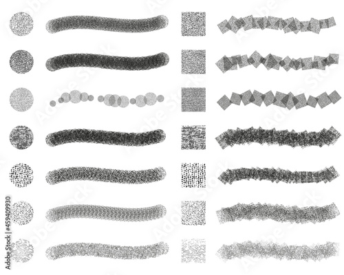 Set of 14 round and square scatter brushes + editable templates vector in noise grunge pattern. Created using AI CS6.
