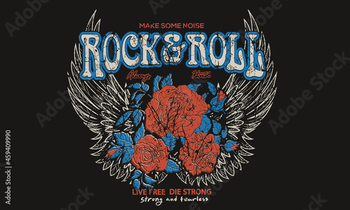 Wing with rose flower rock logo graphic print design for fashion and others.