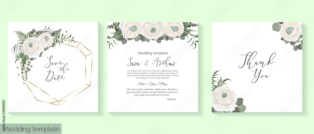 Vector floral template for wedding invitations. White roses, ranunculus, green plants and flowers, berries Vector floral template for wedding invitations. White roses, ranunculus, green plants and flowers, berries