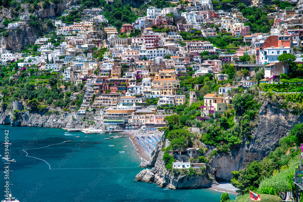 Aerial view of Positano in summer season, Amalfi coast, Italy.